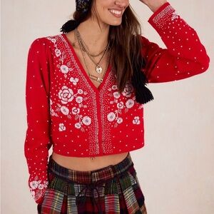 Free people Happy Holidays Cardi Red Floral Embroidered crop Top
